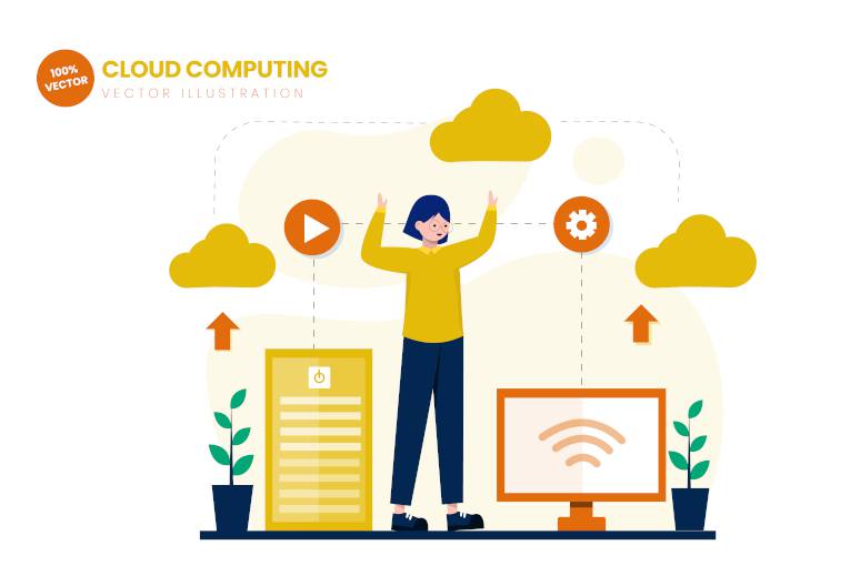 freestyle ts cloud computing person next to clouds and cyber connection symbols graphic
